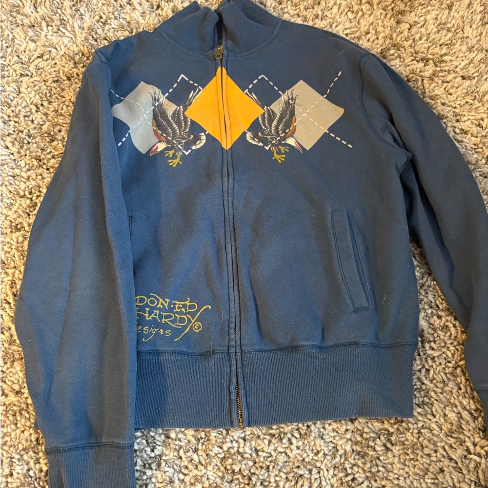 Ed Hardy Gray Zip-Up Jacket with Eagle Patch